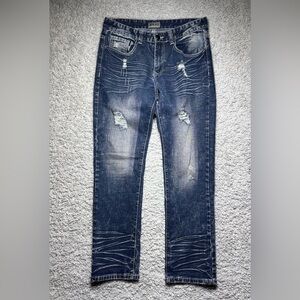 CJ Black Jeans Mens 30 Slim Straight Flex Denim Distressed Big Stitch Party Hole